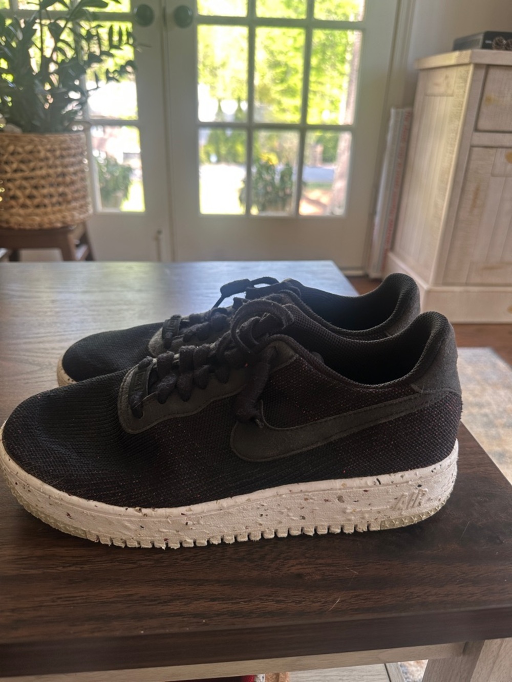 Nike Air Force 1 Crater Flyknit Black Textile Sneakers with White Speckled Sole